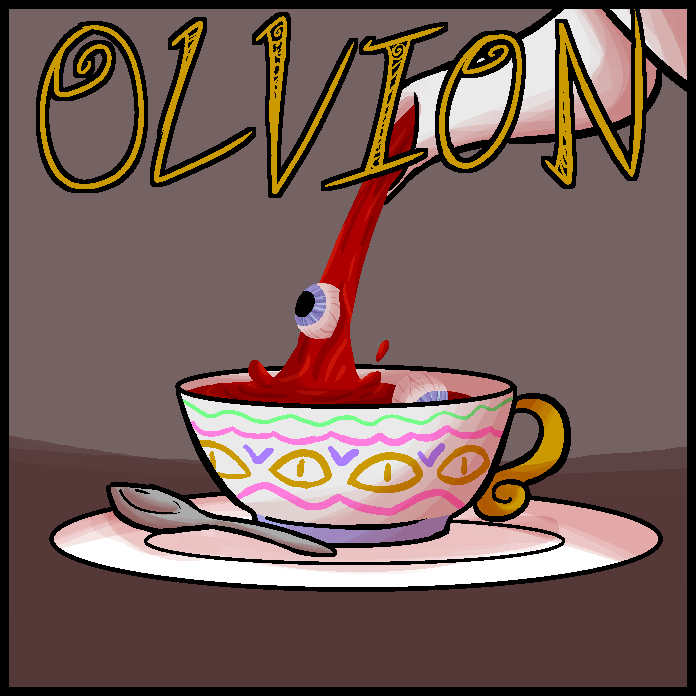 a square icon of a teapot pouring blood into a teacup. Olvion is written in intricate gold lettering.
